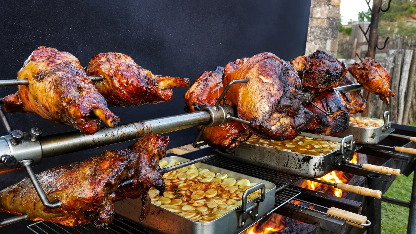 Cochon et volailles rôtis à la broche pour un repas de groupe à Las Patrasses