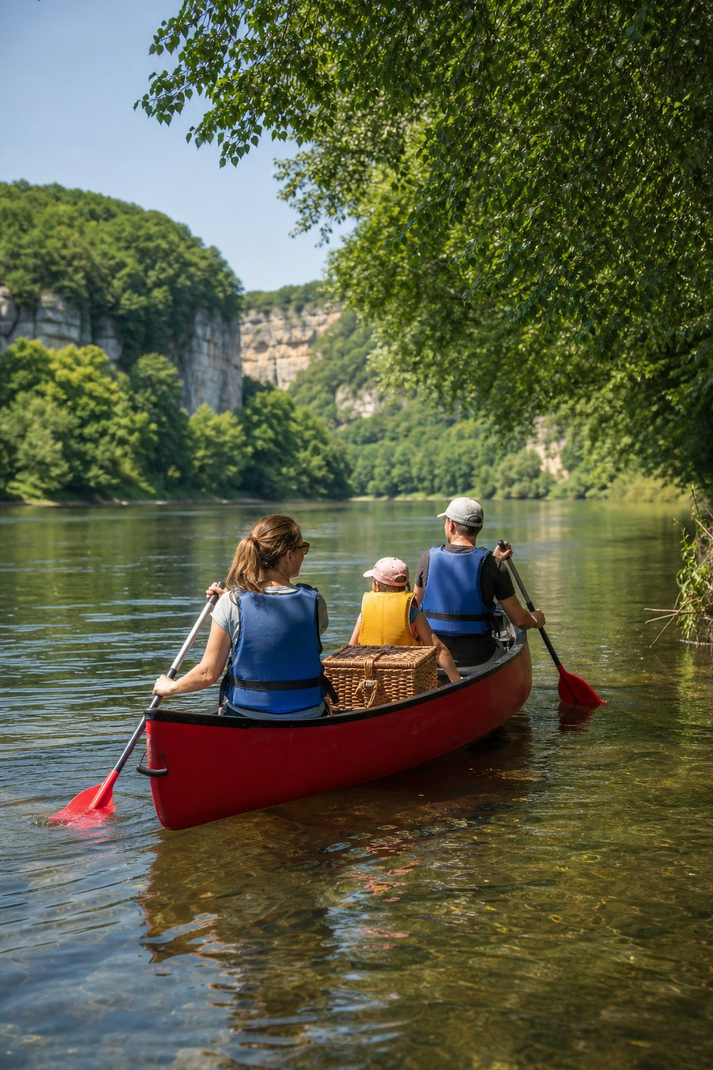Famille en canoë sur une rivière bordée de verdure
