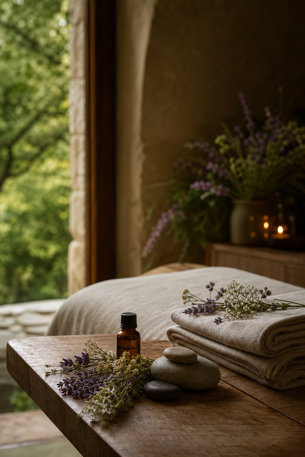 Ambiance naturelle de massage et huiles essentielles