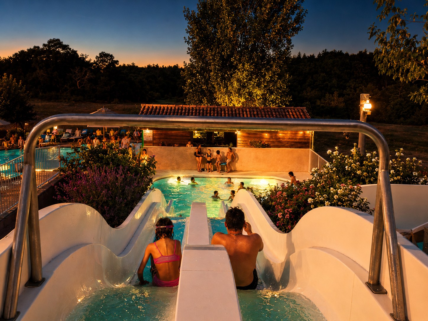 Piscine et toboggans illuminés à la tombée de la nuit