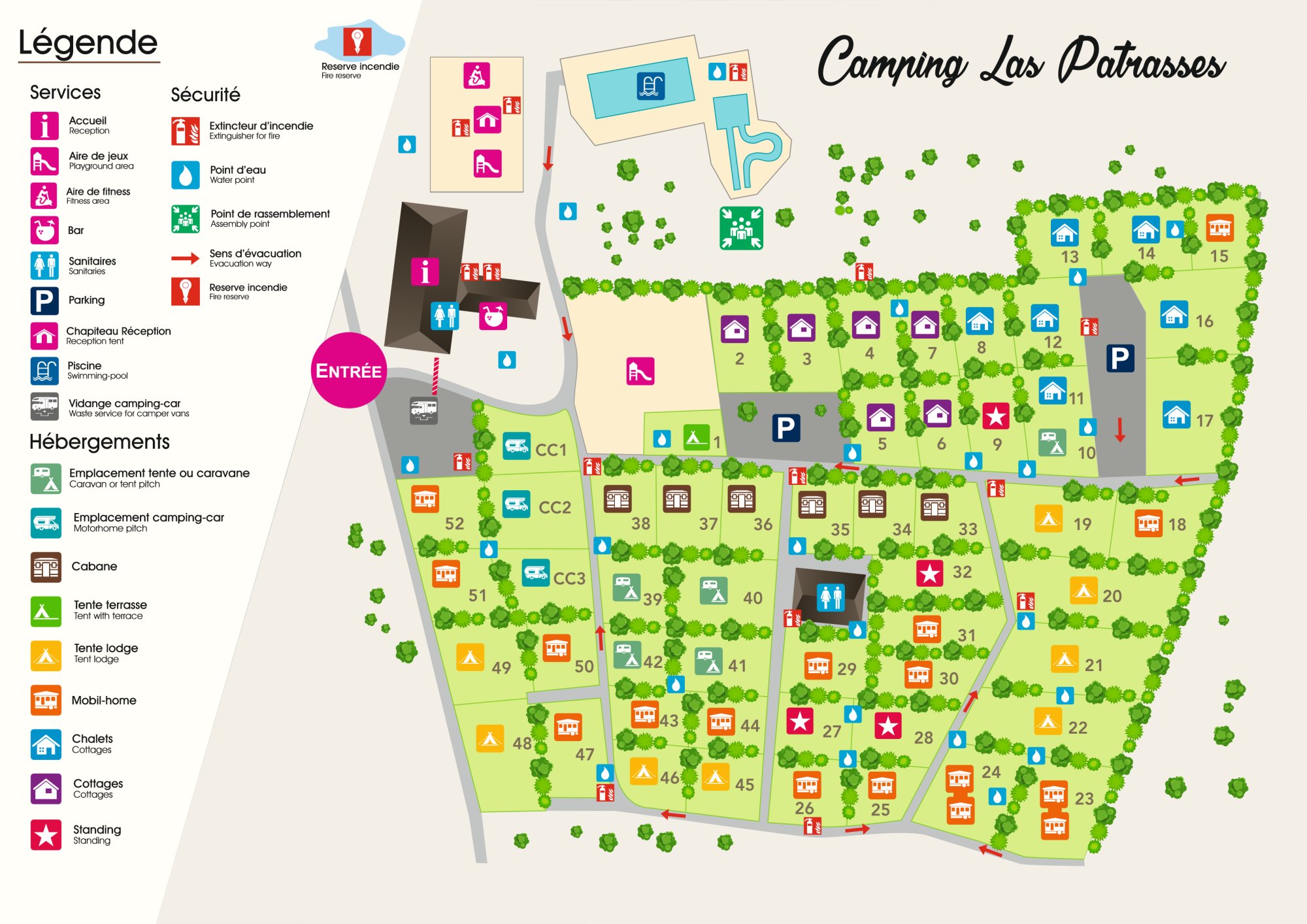 Plan du Camping Las Patrasses en Dordogne : hébergements, piscine, services et emplacements