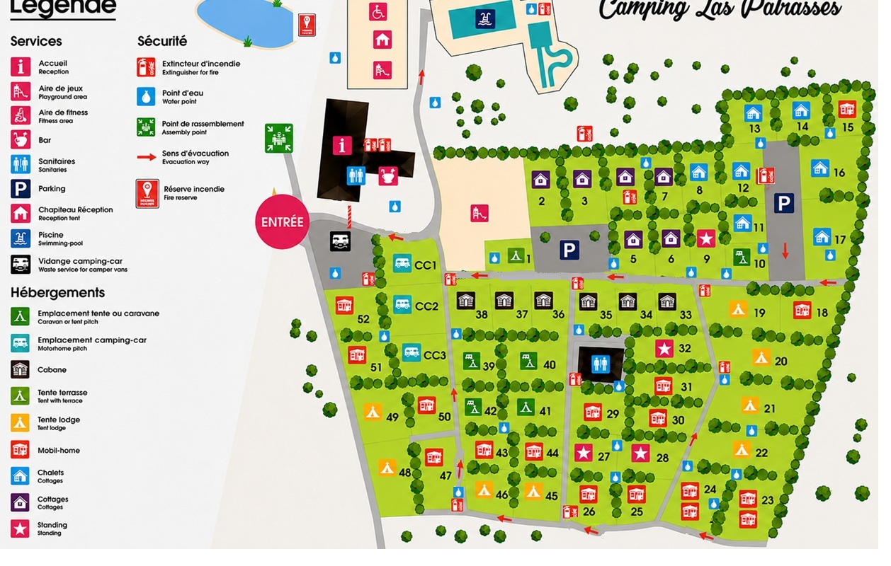 Plan du Camping Las Patrasses en Dordogne : hébergements, piscine, services et emplacements